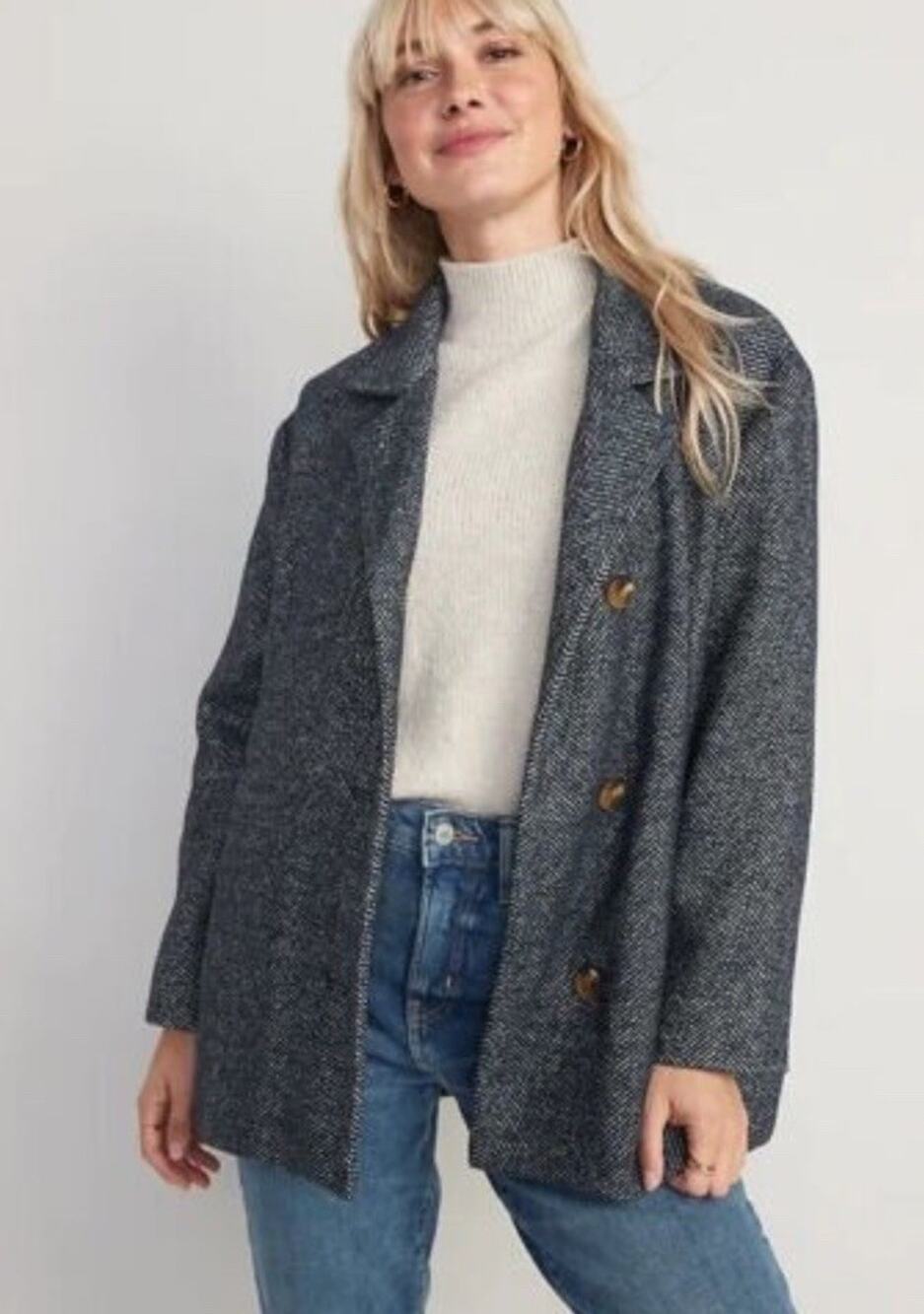Old Navy Jacket Herringbone Soft Brushed Size Large Wool Blend Navy Gray FLAW
